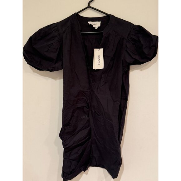 Ba&Sh Black Cotton Ruched Puff Sleeve Dress Size L - Picture 1 of 4